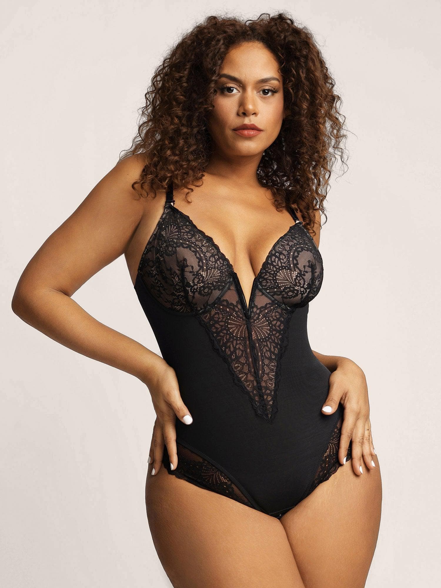 Deep-V Lace Thong Bodysuit